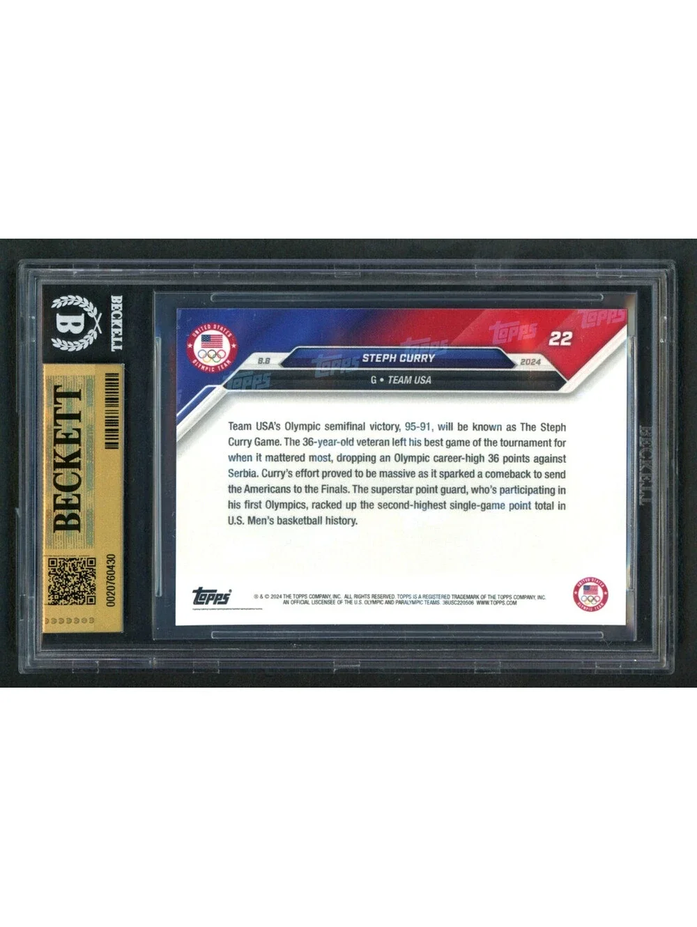 2024 Topps Now Olympics Stephen Curry #22 Team USA Gold Medal BGS 9.5 Gem Mint